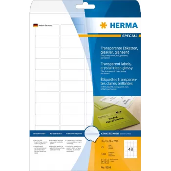 HERMA 8016 skaidrūs blizgūs poliesterio lipdukai A4 45,7 x 21,2 mm, 1200 vnt.