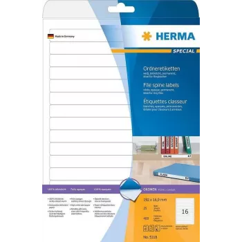 HERMA Special Permanent savaiminio lipnumo matiniai nepermatomi bylų etiketės, popierius, baltos, 192 x 16,9 mm, 400 etikečių (25 lapai x 16) (5118)
