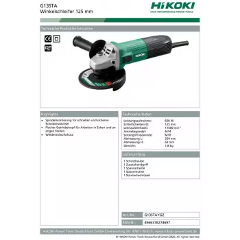 Hikoki G13STA kampinis šlifuoklis 1,8 kg