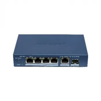 Hikvision DS-3E1506P-EI/M-4P1T1F(O-STD) nevaldomas komutatorius su 4 PoE+ prievadais, 1 Gigabit RJ45 ir 1 SFP magistrale