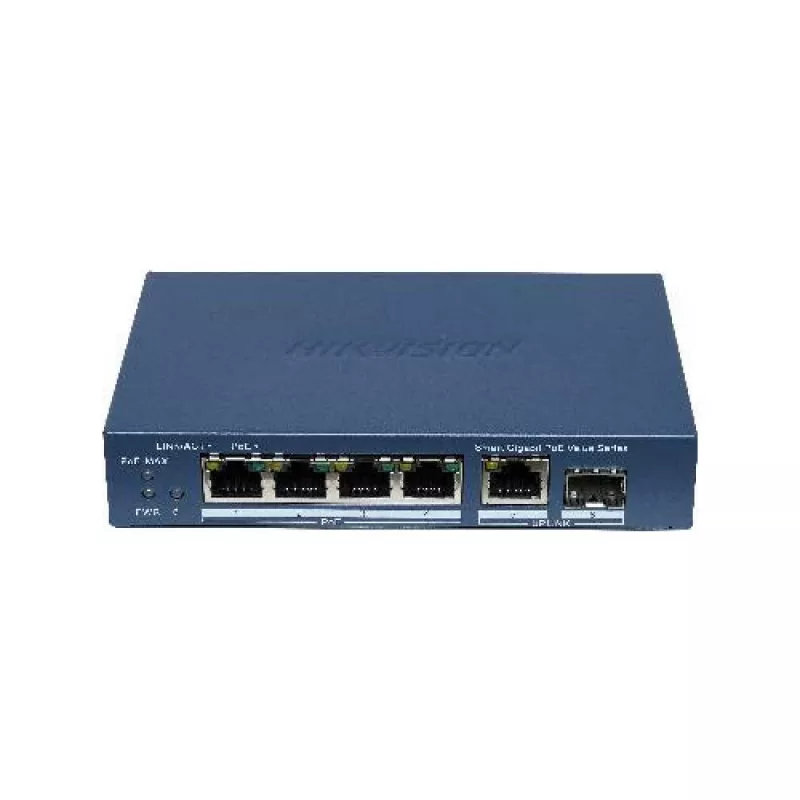 Hikvision DS-3E1506P-EI/M-4P1T1F(O-STD) nevaldomas komutatorius su 4 PoE+ prievadais, 1 Gigabit RJ45 ir 1 SFP magistrale