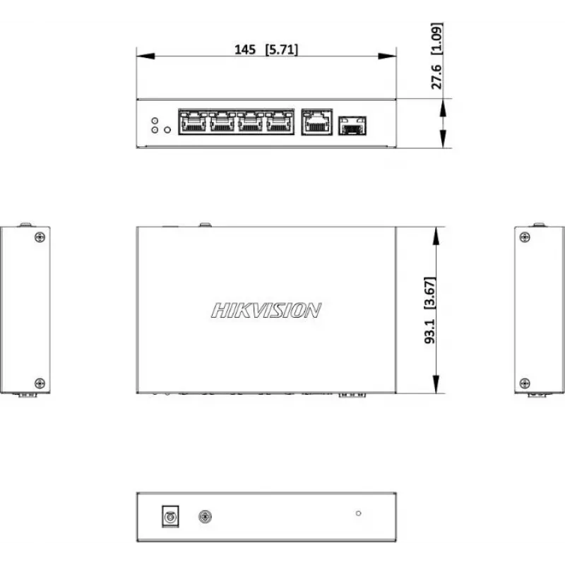 Hikvision DS-3E1506P-EI/M-4P1T1F(O-STD) nevaldomas komutatorius su 4 PoE+ prievadais, 1 Gigabit RJ45 ir 1 SFP magistrale