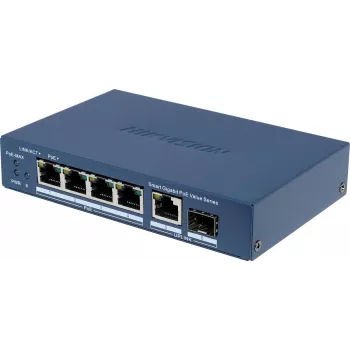 Hikvision DS-3E1506P-EI/M-4P1T1F(O-STD) nevaldomas komutatorius su 4 PoE+ prievadais, 1 Gigabit RJ45 ir 1 SFP magistrale
