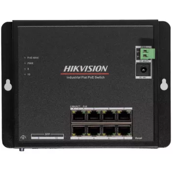 Hikvision DS-3T1510P-SI-FLT(O-STD) 10 prievadų pramoninis valdomas PoE+ komutatorius su 8 Gigabit PoE+ prievadais ir 2 SFP, 120W biudžetas, DIN bėgelis, be maitinimo šaltinio