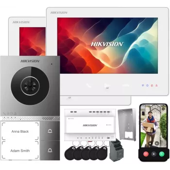 „Hikvision DS-KIS705EY/2Monitors“ IP vaizdo domofono rinkinys su 2 vidiniais monitoriais, 2 MP lauko skydeliu, 7 colių jutikliniu ekranu, „Wi-Fi“ ir „PoE“