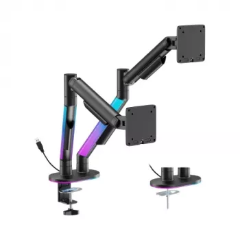 HISMART Dvigubo monitoriaus dujinis spyruoklinis laikiklis 17–35 inch ekranams su RGB apšvietimu, juodas