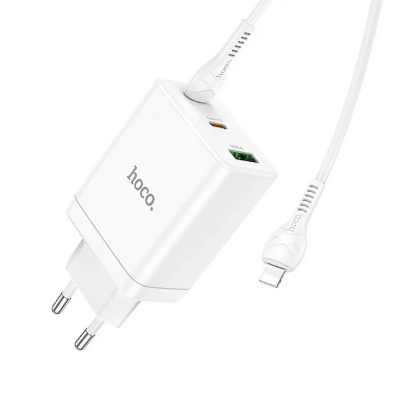 HOCO 35W dvigubas USB-C + USB-A PD & QC3.0 sieninis įkroviklis su USB-C į Lightning kabeliu, baltas
