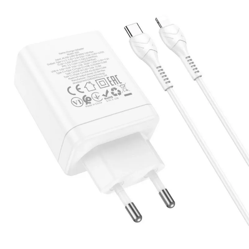 HOCO 35W dvigubas USB-C + USB-A PD & QC3.0 sieninis įkroviklis su USB-C į Lightning kabeliu, baltas