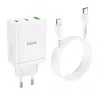 HOCO 35W dvigubas USB-C + USB-A PD & QC3.0 sieninis įkroviklis su USB-C į Lightning kabeliu, baltas