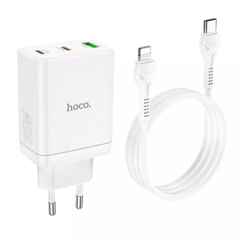 HOCO 35W dvigubas USB-C + USB-A PD & QC3.0 sieninis įkroviklis su USB-C į Lightning kabeliu, baltas