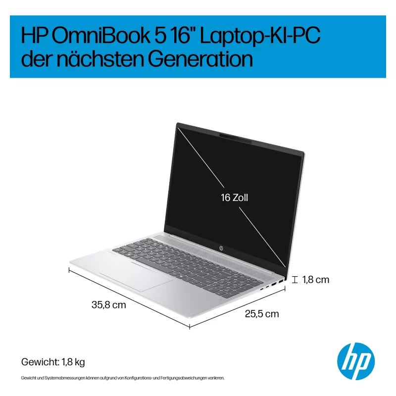 HP OmniBook 5 16-ag1451ngx AMD Ryzen AI 5 330 16GB 512GB SSD W11 Home 16 colių WUXGA nešiojamas kompiuteris (Natural Silver, vokiška QWERTZ klaviatūra)