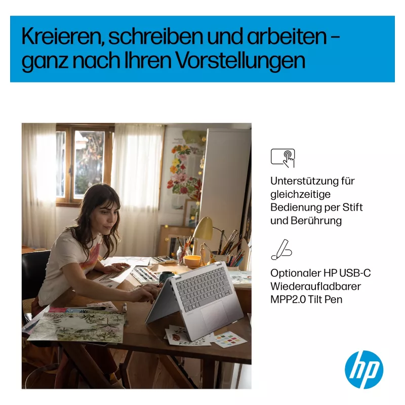 HP OmniBook 5 Flip 14-fp0450ngx 2-in-1 nešiojamas kompiuteris, Intel Core 5 120U, 16GB RAM, 512GB SSD, 14 colių Touch FHD, Windows 11 Home, vokiška klaviatūra
