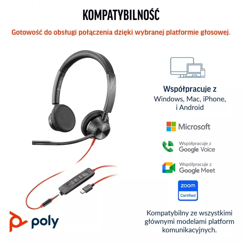 HP Poly Blackwire 3325 Stereo Microsoft Teams Sertifikuota Ausinė su USB-C, 3,5 mm Kištuku ir USB-C/A Adapteriu