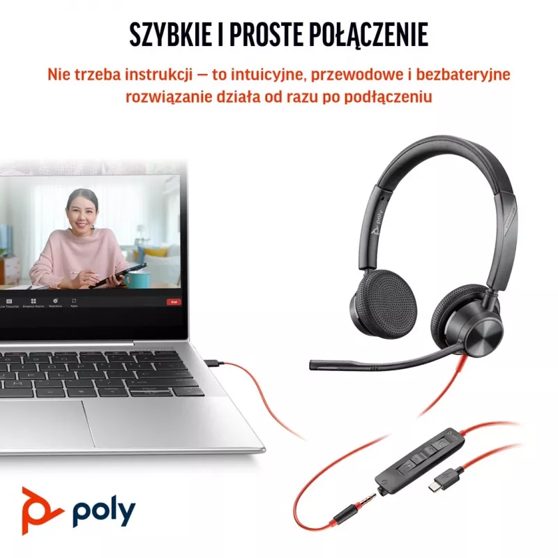 HP Poly Blackwire 3325 Stereo Microsoft Teams Sertifikuota Ausinė su USB-C, 3,5 mm Kištuku ir USB-C/A Adapteriu