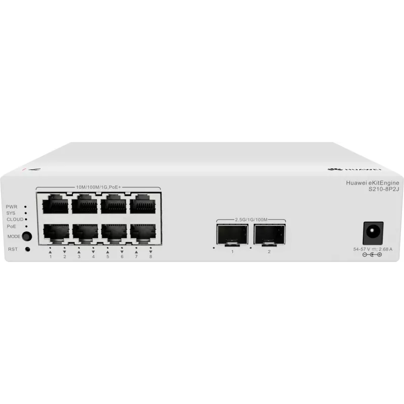 Huawei S210-8P2J valdomas L2 komutatorius su 8 Gigabit PoE+ prievadais ir 2 SFP uplink, 128W PoE biudžetas 98012922-001