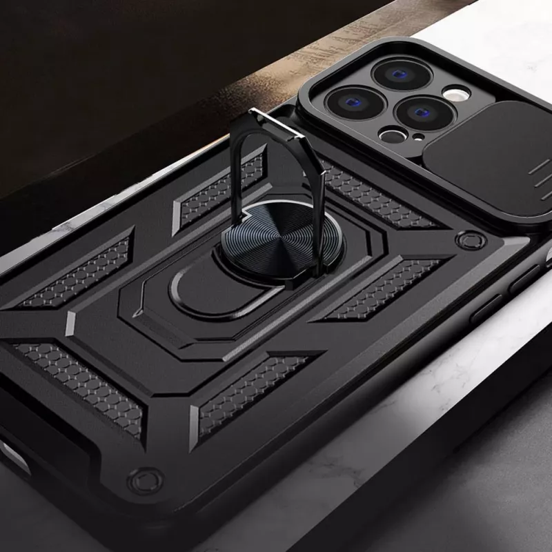 Hurtel Hybrid Armor Camshield dėklas, skirtas Huawei nova Y90, šarvuotas dėklas su fotoaparato dangteliu, juodas