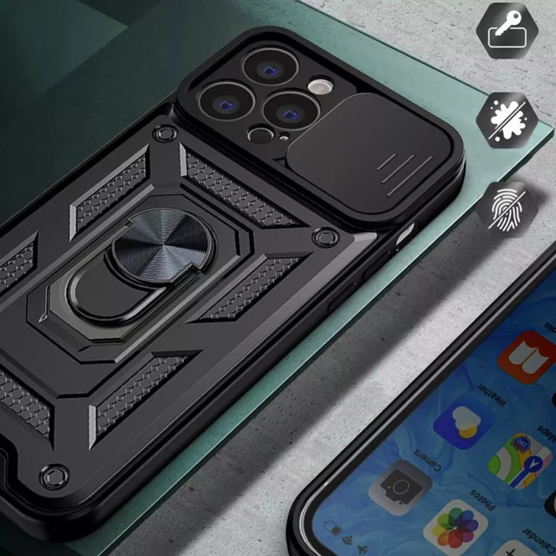 Hurtel Hybrid Armor Camshield dėklas, skirtas Huawei nova Y90, šarvuotas dėklas su fotoaparato dangteliu, juodas