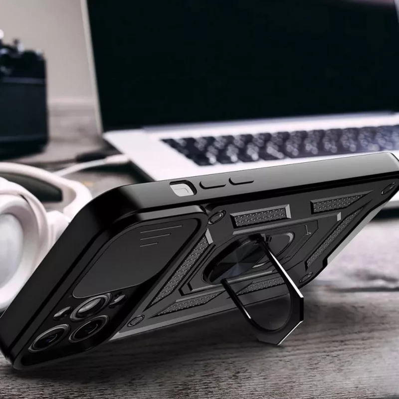 Hurtel Hybrid Armor Camshield dėklas, skirtas Huawei nova Y90, šarvuotas dėklas su fotoaparato dangteliu, juodas
