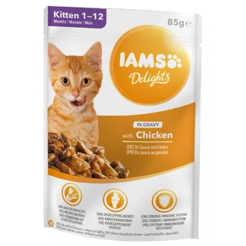 IAMS Delights Kitten Chicken in Gravy šlapias kačių maistas kačiukams, 12 x 85 g pakeliai