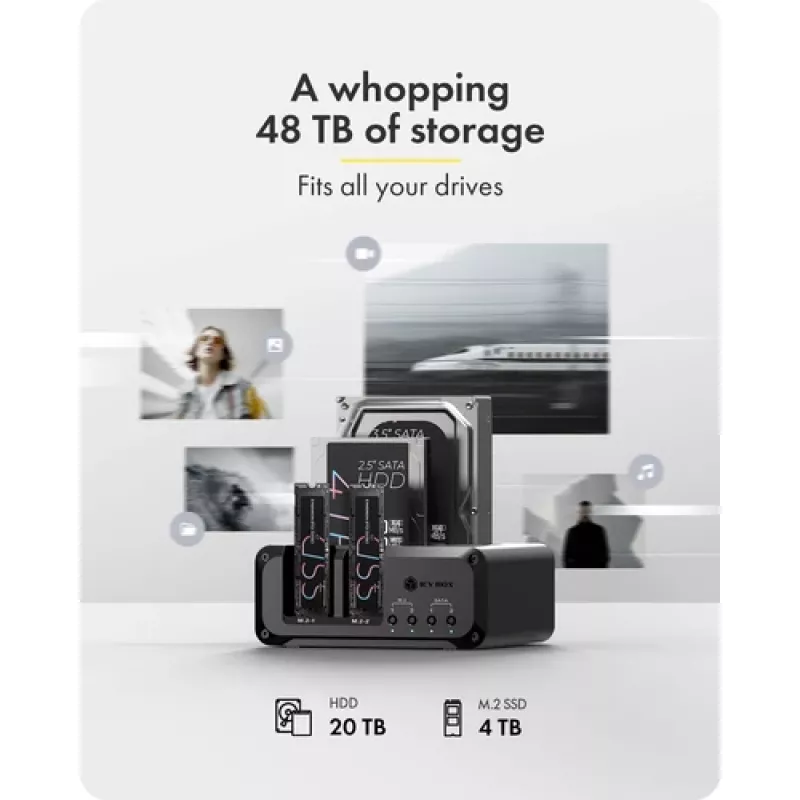 Icy Box Club Case 2925 4 vietų doko stotelė – 2x M.2 NVMe ir 2x 2.5/3.5 SATA HDD/SSD, USB 3.2 Gen 2 (10 Gbps) | Kur.lt