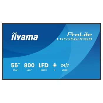 IIYAMA LH5566UHSB-B1 55 colių 4K UHD profesionalus skaitmeninių iškabų ekranas su 500 cd/m² ryškumu, 24/7 veikimu, HDMI, USB-C, DP, VGA, Android OS