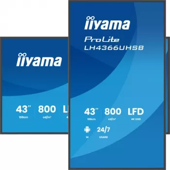 IIYAMA LH4366UHSB-B1AG 43 colių 4K UHD skaitmeninių reklamų ekranas, VA panelė, 500 cd/m², 24/7 veikimas, Android 9.0, Wi-Fi, 2x 10W garsiakalbiai
