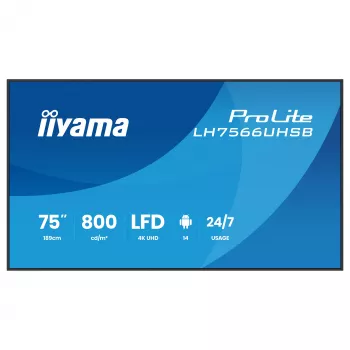 IIYAMA LH7566UHSB-B1AG 75 colių 4K UHD skaitmeninių ženklų ekranas su Android 11, 24/7 veikimas
