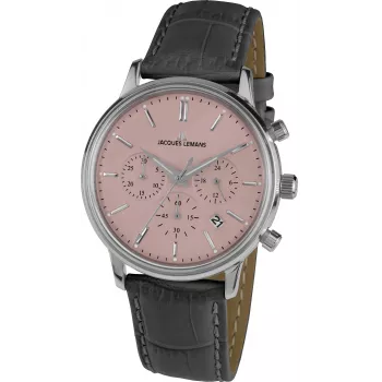JACQUES LEMANS Liverpool vyriškas chronografinis laikrodis 1-209F 39mm nerūdijantis plienas juodas ciferblatas