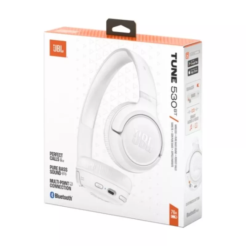 JBL Tune 530BT belaidės antausės ausinės su Pure Bass, Bluetooth 5.3, 57 val. baterija, sulankstomos – baltos