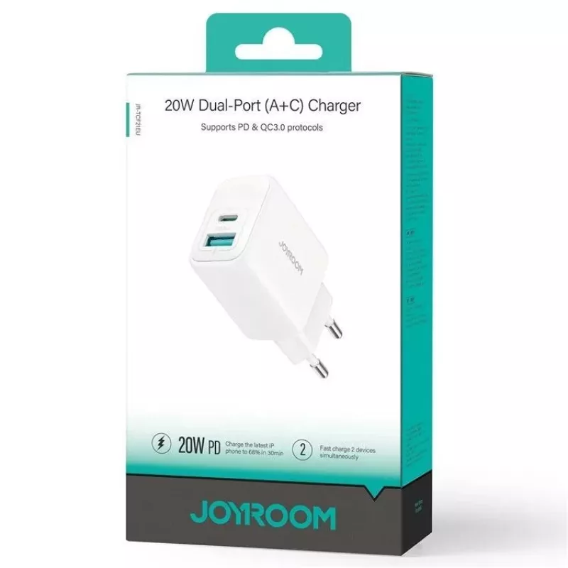 Joyroom 20W dviejų prievadų (USB-A + USB-C) įkroviklis su EU kištuku, baltas