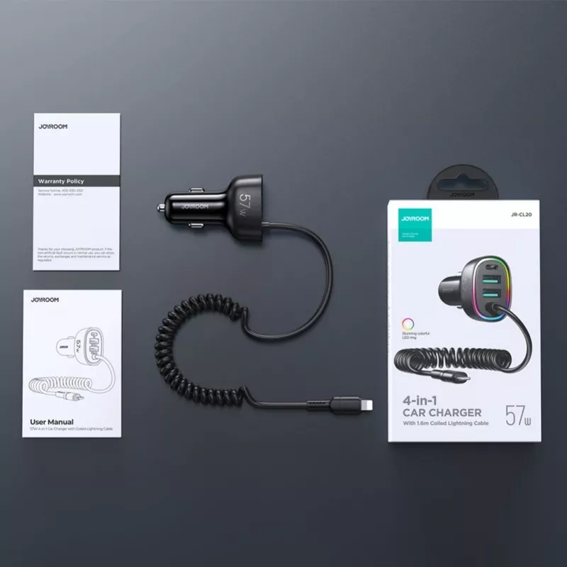 Joyroom 4-in-1 Fast Car Charger PD QC3.0 AFC FCP su 1,6 m 57 W Lightning kabeliu, juodas
