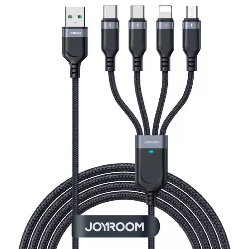 Joyroom 4-in-1 USB - Lightning/ Type-C/ Type-C/ Micro USB laidas Multi-Color Series A18, 3,5A, 1,2m, juodas (S-1T4018A18c)
