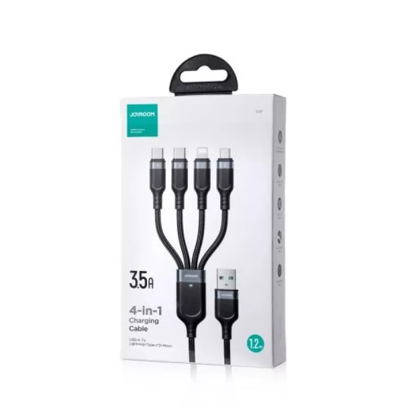 Joyroom 4-in-1 USB - Lightning/ Type-C/ Type-C/ Micro USB laidas Multi-Color Series A18, 3,5A, 1,2m, juodas (S-1T4018A18c)