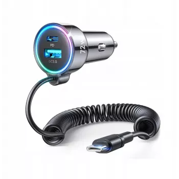 Joyroom automobilinis kroviklis 3-in-1, C+U su Type-C spiraliniu kabeliu 1,6 m, 72 W, juodas (JR-CL07)