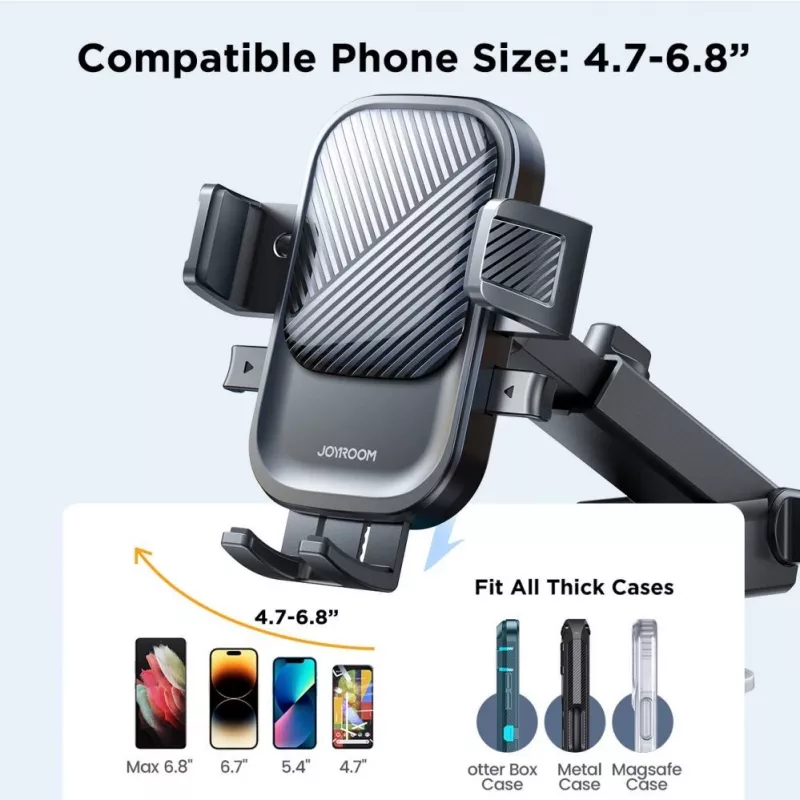 Joyroom JR-OK6 Automobilinis Telefono Laikiklis – Priedas prie Prietaisų Skydelio ar Priekinio Stiklo – Universalus 4,7–7,2 col. Išmaniesiems Telefonams – 360° Sukimasis – Juodas