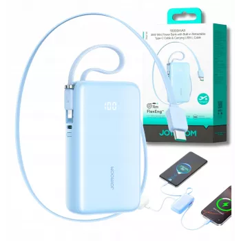 Joyroom JR-PR2L 10000mAh 35W Power Bank su Skaitmeniniu Ekranu, Įmontuotais Ištraukiamais USB-C ir Lightning Laidais (0,7 m), Mėlyna