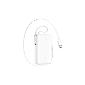 Joyroom JR-PR2L Power Bank 10000 mAh 35W su įmontuotu ištraukiamu USB-C ir Lightning kabeliu (0,7 m) balta