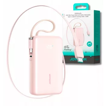 Joyroom JR-PR2L Power Bank 10000 mAh 35W su skaitmeniniu ekranu, įtraukiamais USB-C ir Lightning laidais (0,7 m) Rožinė