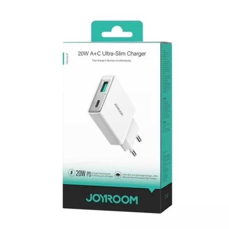 JOYROOM JR-TCF14-WHT 20W PD 3.0 & QC 3.0 dviejų prievadų USB sieninis įkroviklis - baltas