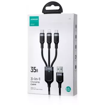 JOYROOM S-1T3018A18 3-in-1 įkrovimo laidas USB-A į USB-C/Micro-USB/Lightning, 30cm, pintas nailonas, 3.5A, juodas