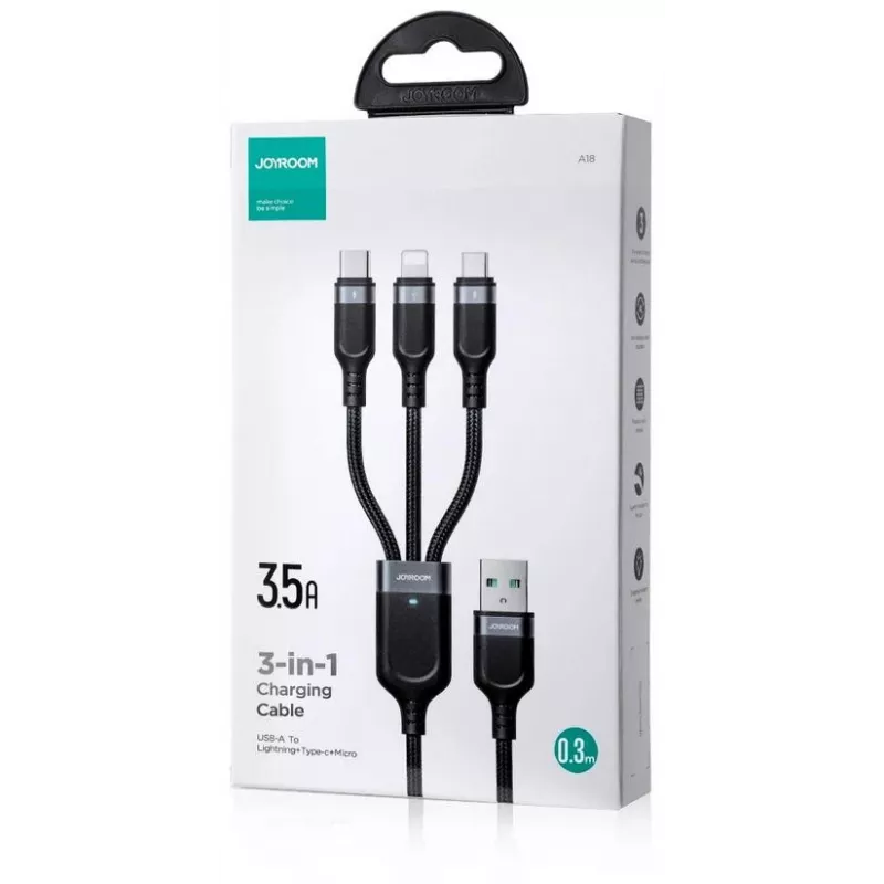 JOYROOM S-1T3018A18 3-in-1 įkrovimo laidas USB-A į USB-C/Micro-USB/Lightning, 30cm, pintas nailonas, 3.5A, juodas