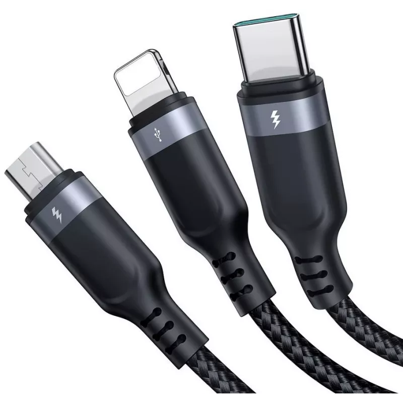 JOYROOM S-1T3018A18 3-in-1 įkrovimo laidas USB-A į USB-C/Micro-USB/Lightning, 30cm, pintas nailonas, 3.5A, juodas
