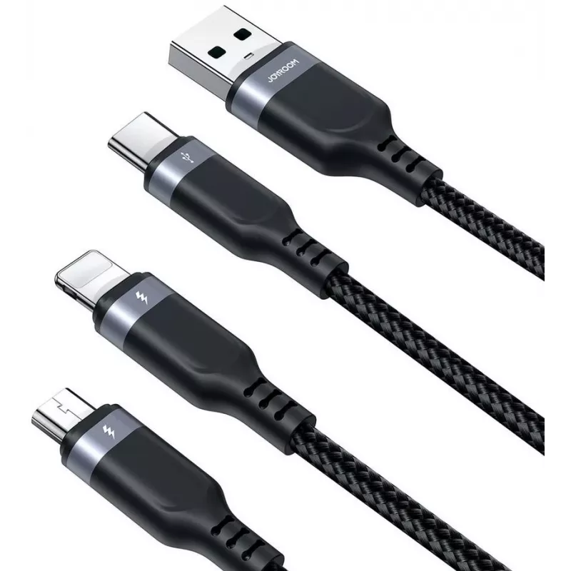 JOYROOM S-1T3018A18 3-in-1 įkrovimo laidas USB-A į USB-C/Micro-USB/Lightning, 30cm, pintas nailonas, 3.5A, juodas