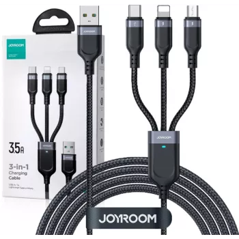 JOYROOM S-1T3018A18 3-in-1 įkrovimo laidas USB-A į USB-C/Micro-USB/Lightning, 30cm, pintas nailonas, 3.5A, juodas