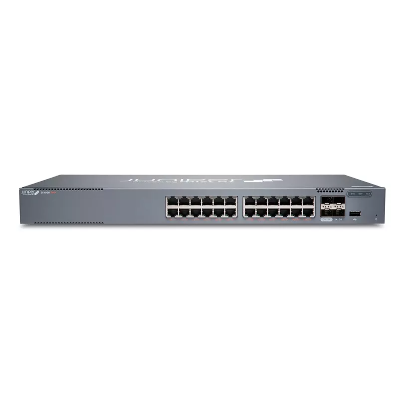 Juniper EX Series EX4000-24P jungiklis – L3 valdomas, 24 prievadai Gigabit PoE+, 4x 10GbE SFP+ išorinės jungtys, 1U montuojamas į stelažą