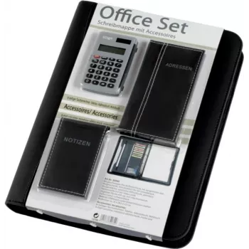 JÜSCHA Alassio Ring Binder Portfolio Office Set A4 juoda dirbtinė oda su 4 žiedų mechanizmu, 7 vizitinių kortelių kišenėlėmis, užtrauktuku, rašymo pagalvėle ir skaičiuotuvu 30060