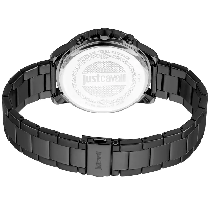 JUST CAVALLI MAN JC1G178M0075 44 mm kvarcinis analoginis laikrodis su nerūdijančio plieno Milanese mesh apyranke ir mėlynu ciferblatu