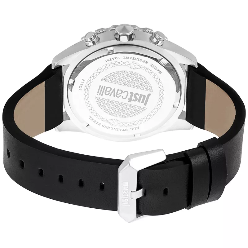 JUST CAVALLI MAN JC1G214L0015 46 mm kvarcinis analoginis laikrodis su juodu ciferblatu ir juoda odine apyranke
