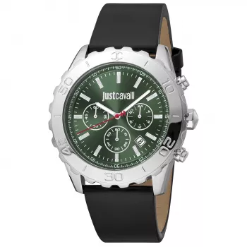 JUST CAVALLI MAN JC1G214L0015 46mm kvarcinis analoginis laikrodis su juodu ciferblatu ir juodu odiniu dirželiu