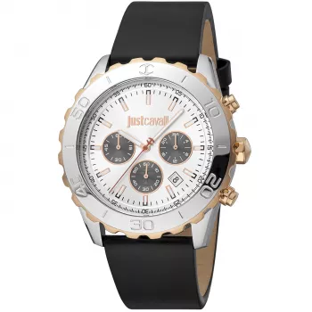 JUST CAVALLI MAN JC1G214L0025 42mm kvarcinis analoginis laikrodis su juodu ciferblatu ir odiniu dirželiu